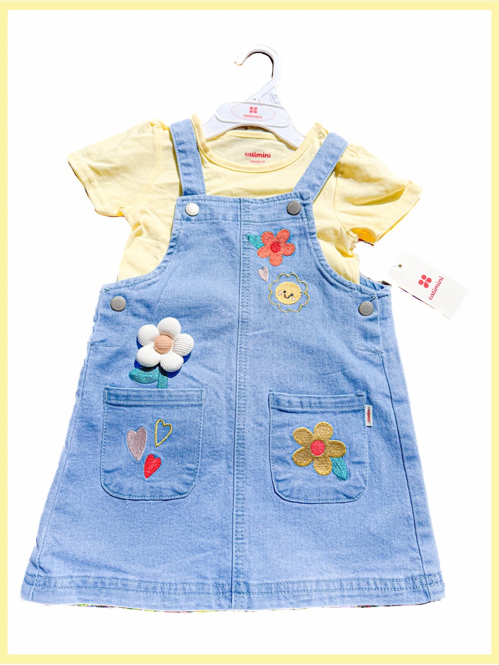 Catimini NWT Embroidered Denim Overall Dress Yellow Shirt Set 18 24m New Girls